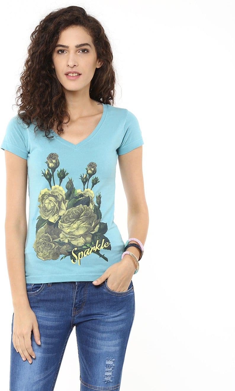 Yepme Graphic Print Women's V-neck Blue T-Shirt view 2
