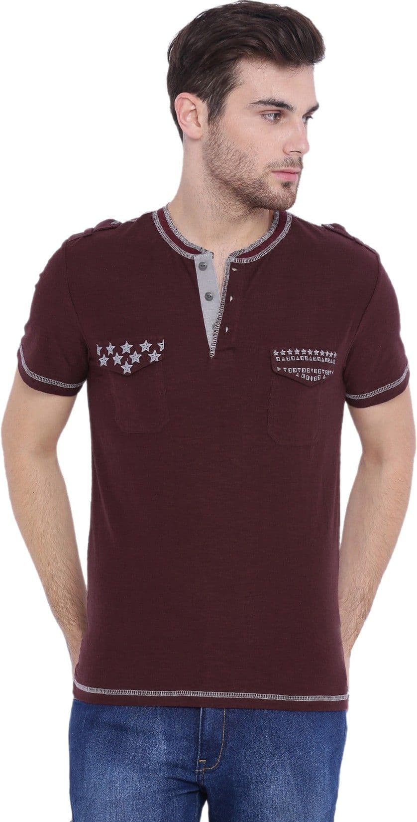 ARISE Self Design, Printed Men's Henley Maroon T-Shirt view 2