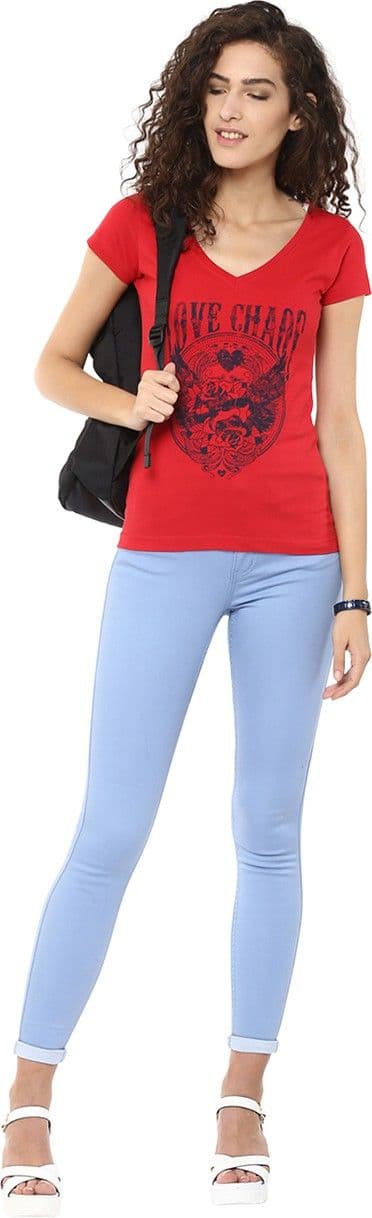Yepme Graphic Print Women's V-neck Red T-Shirt view 4