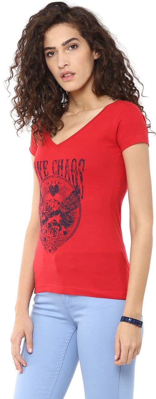 Yepme Graphic Print Women's V-neck Red T-Shirt view 3