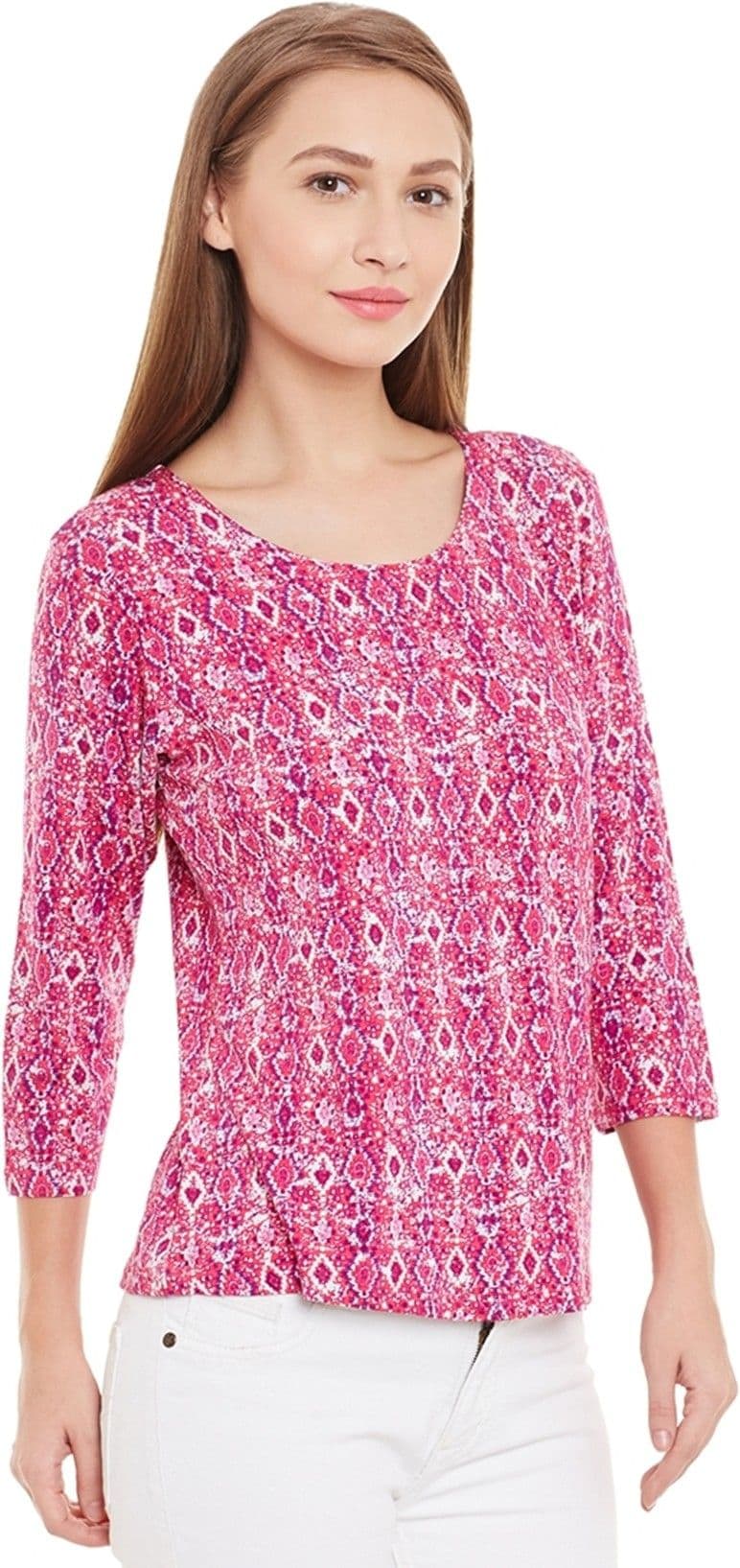 PURYS Printed Women's Round Neck Pink T-Shirt view 4