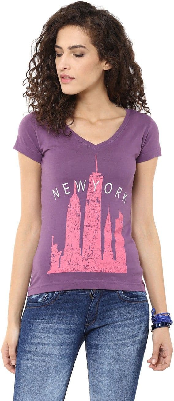 Yepme Graphic Print Women's V-neck Purple T-Shirt view 2