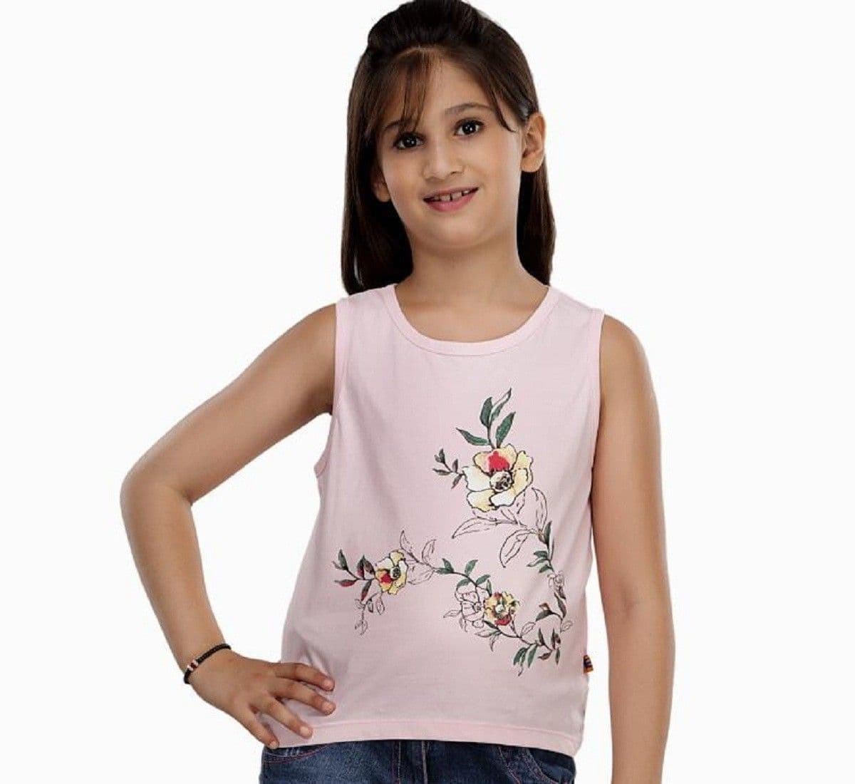 Trmpi Floral Print Girl's Round Neck Pink T-Shirt view 3