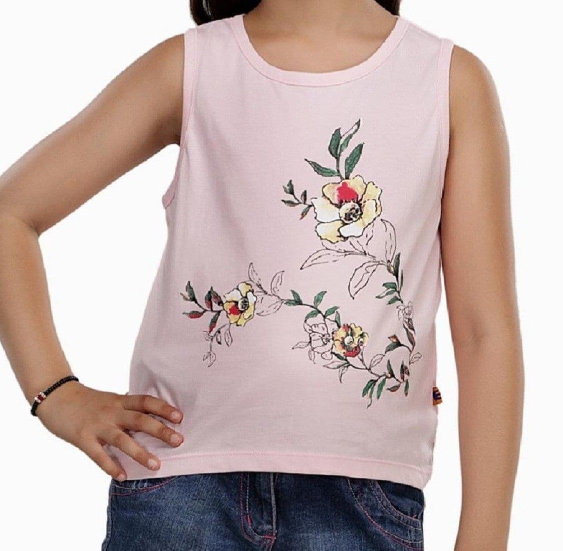 Trmpi Floral Print Girl's Round Neck Pink T-Shirt