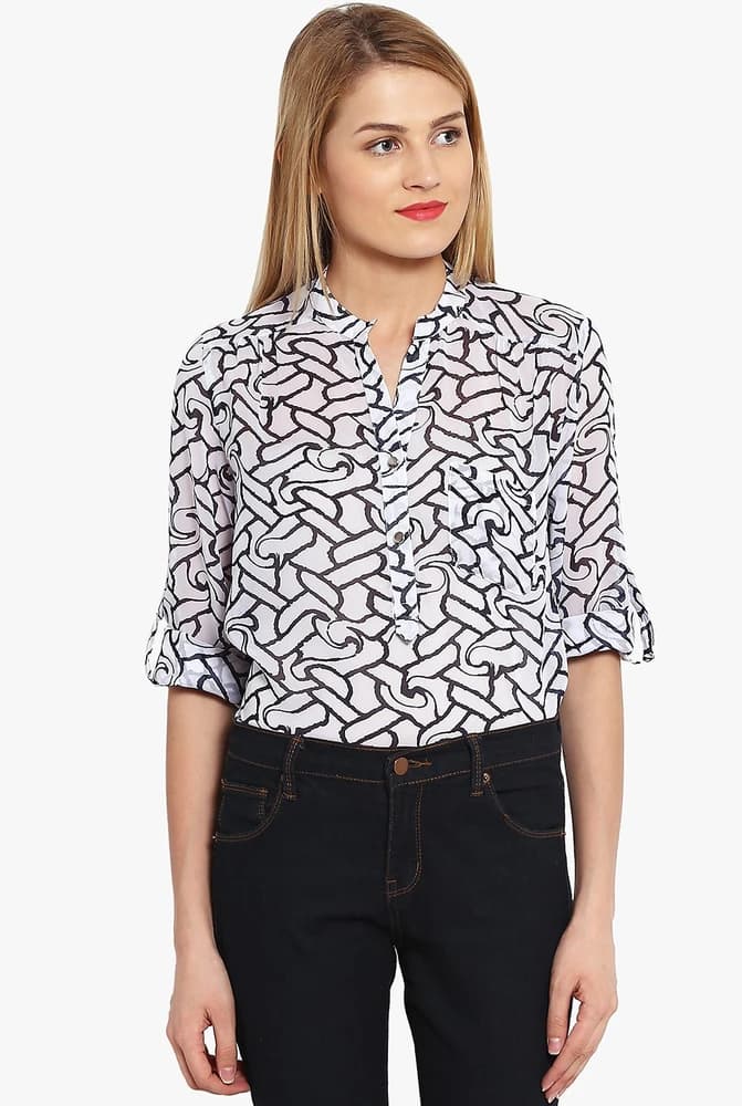 PURYS Casual Roll-up Sleeve Printed Women's White Top