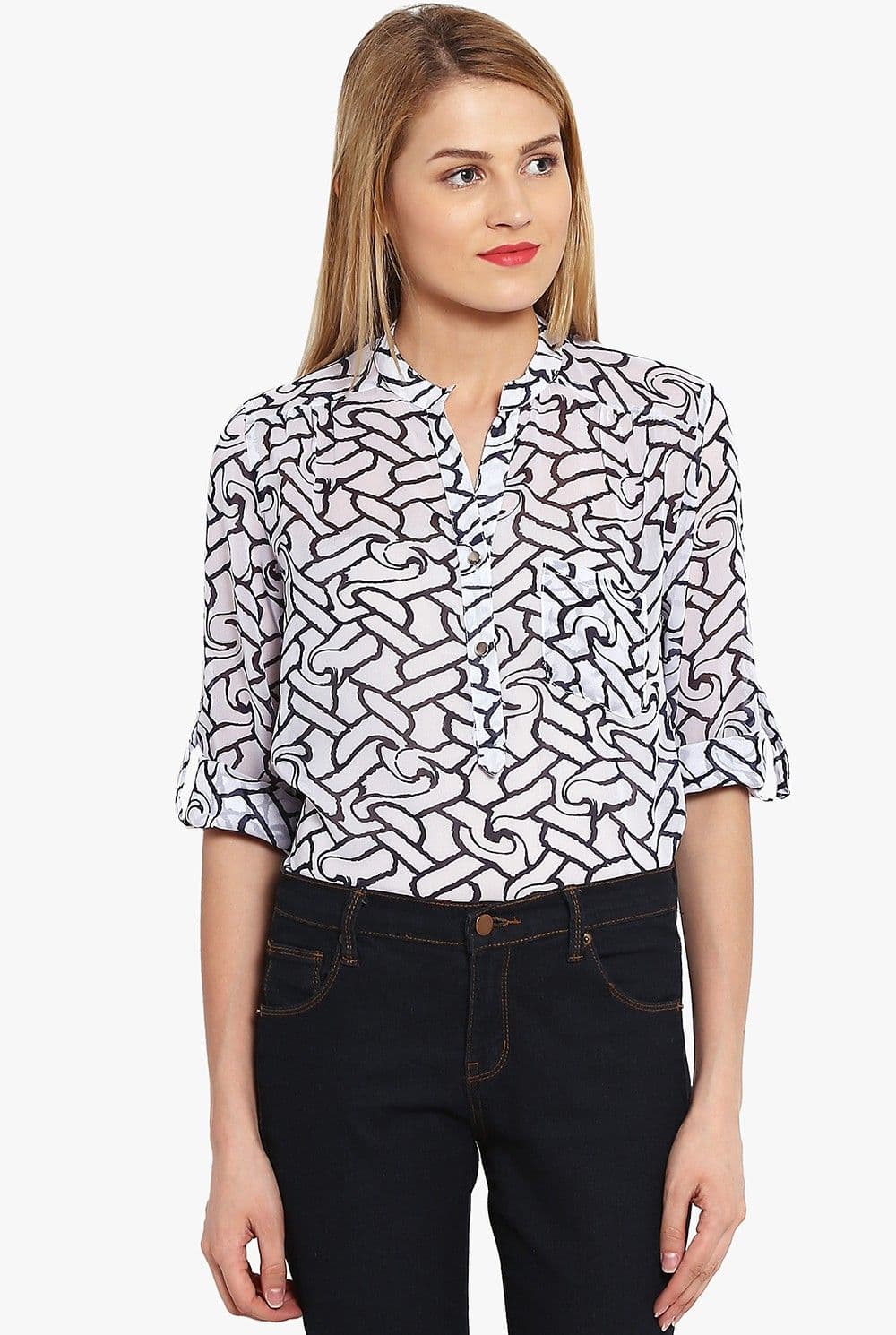 PURYS Casual Roll-up Sleeve Printed Women's White Top view 2