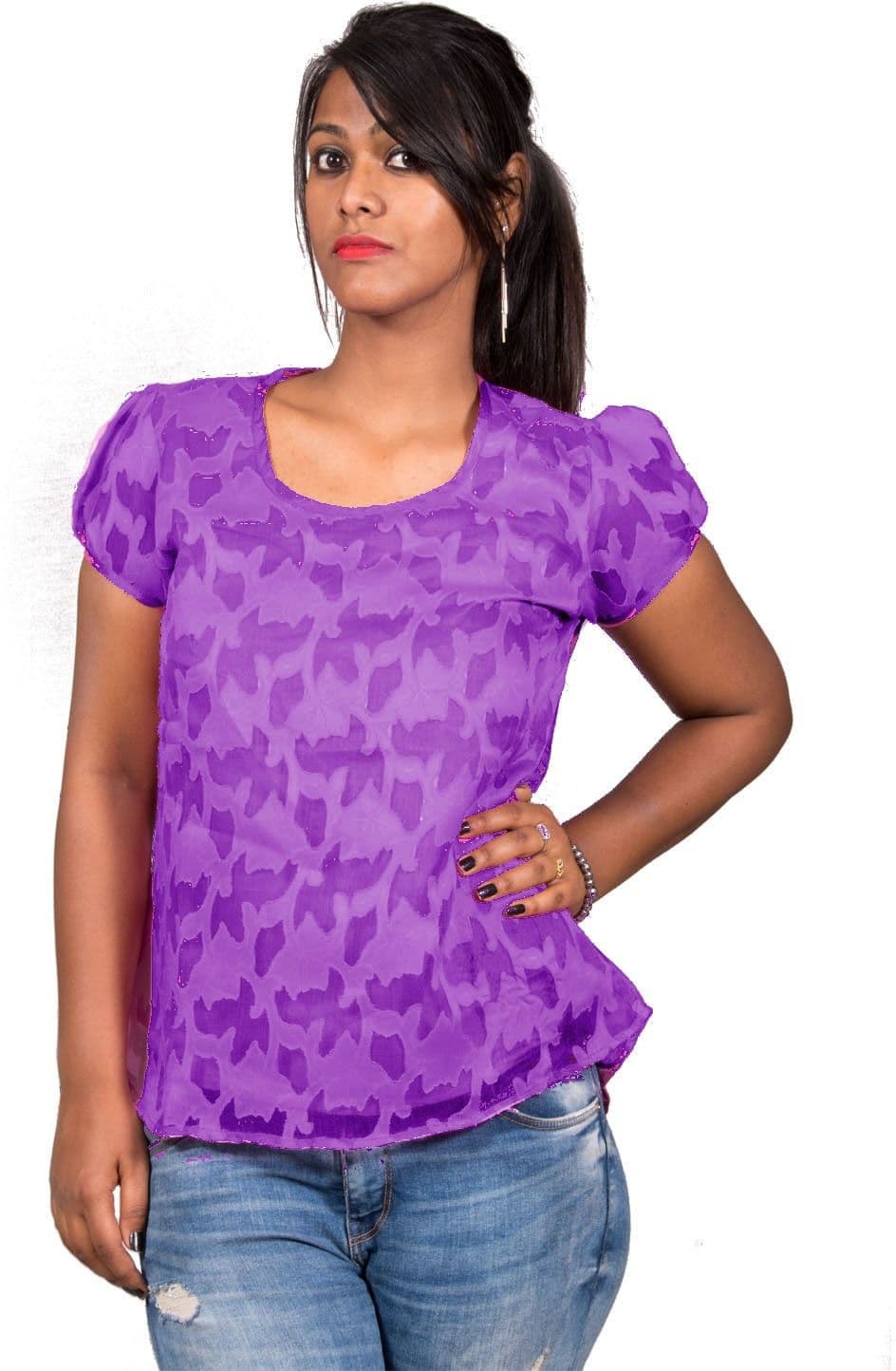 Fabpoppy Casual Puff Sleeve Printed Women's Purple Top