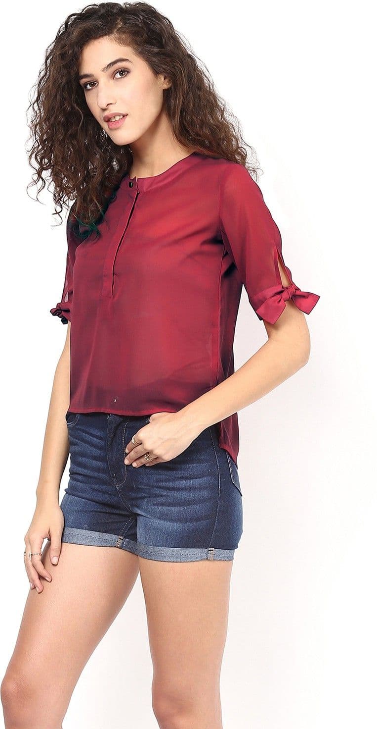 Martini Casual 3/4 Sleeve Solid Women's Maroon Top view 3