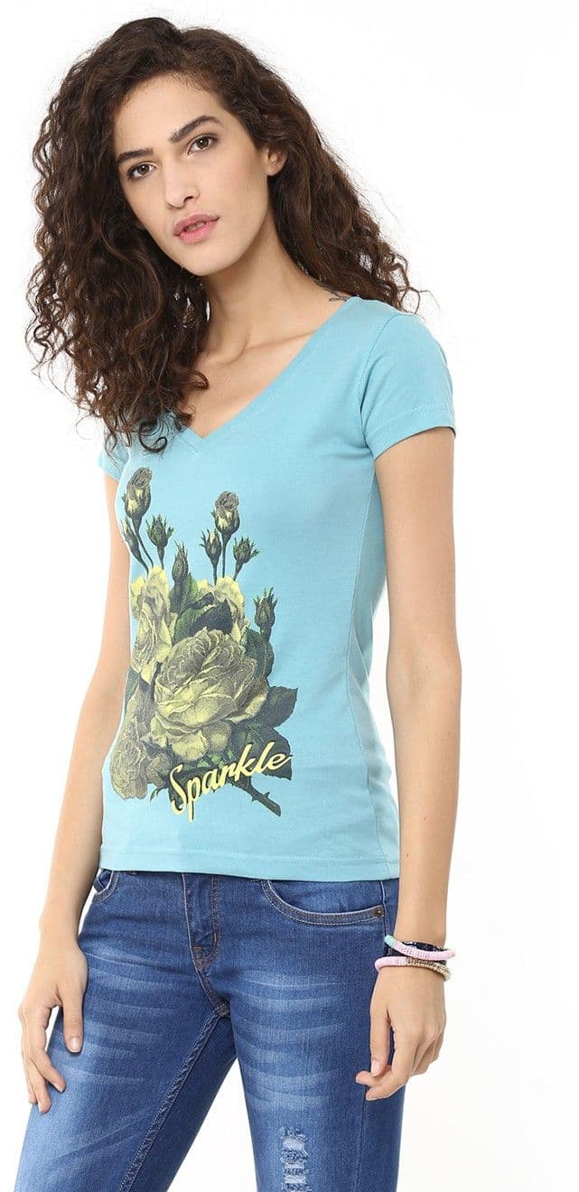 Yepme Graphic Print Women's V-neck Blue T-Shirt view 4