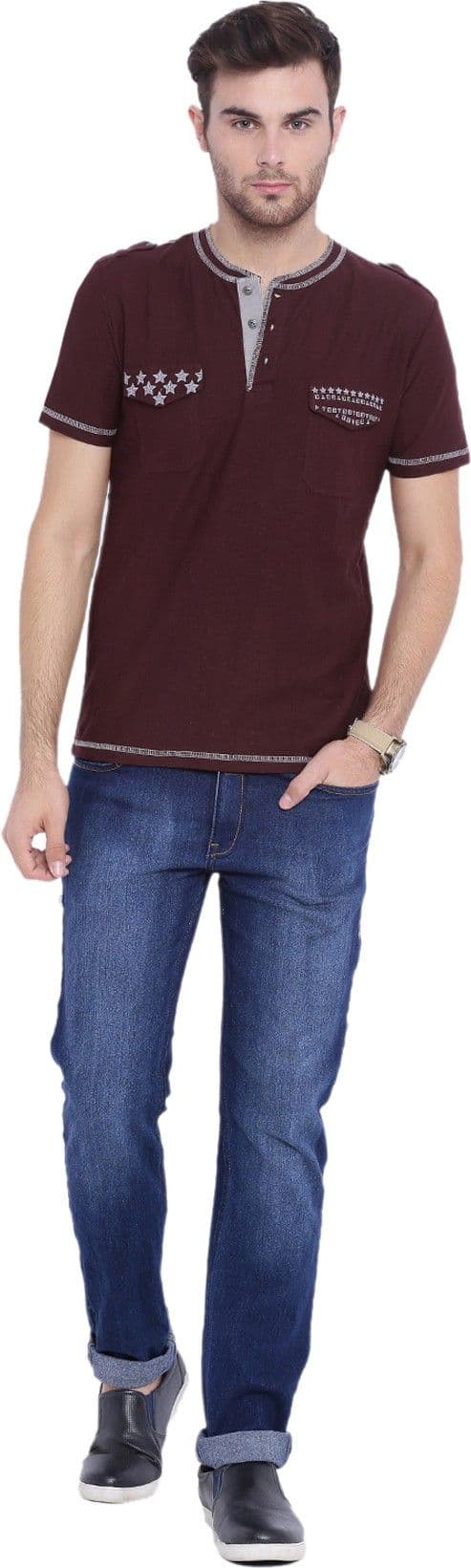 ARISE Self Design, Printed Men's Henley Maroon T-Shirt view 6