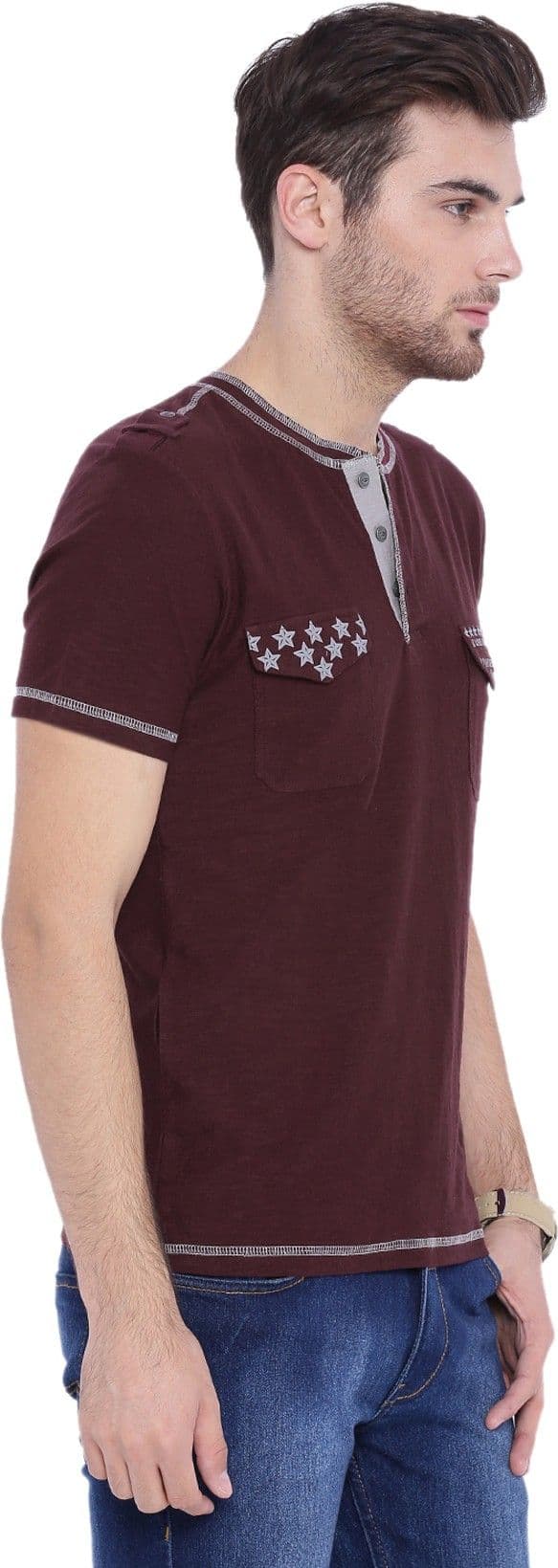 ARISE Self Design, Printed Men's Henley Maroon T-Shirt view 3