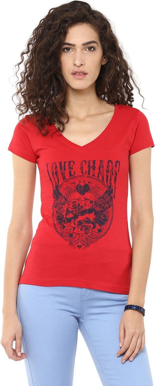 Yepme Graphic Print Women's V-neck Red T-Shirt