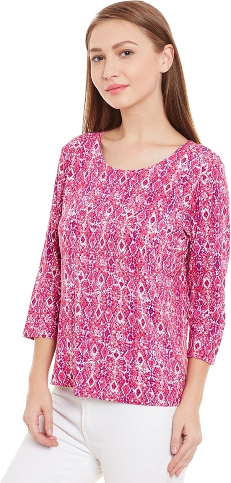 PURYS Printed Women's Round Neck Pink T-Shirt view 3