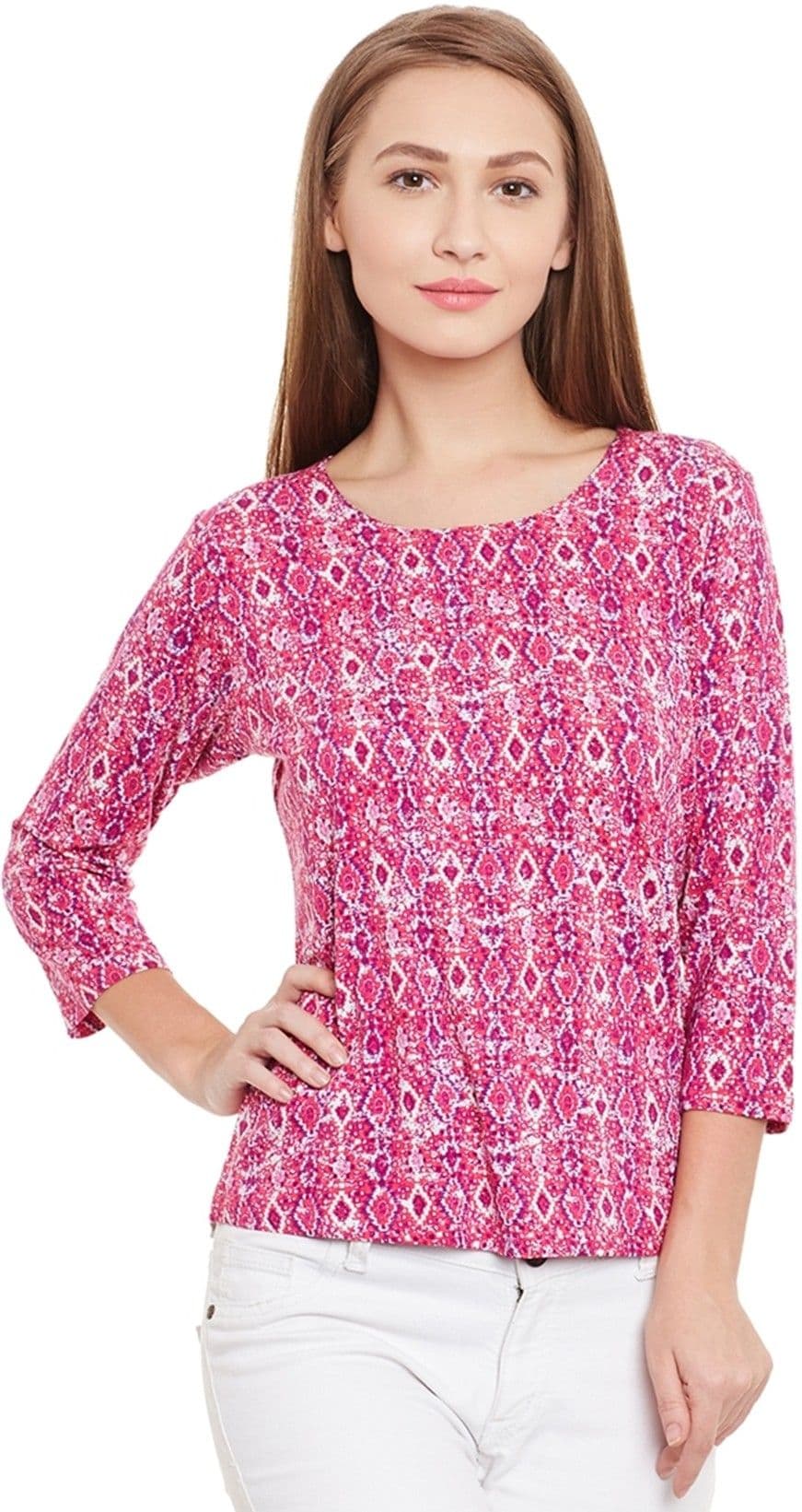 PURYS Printed Women's Round Neck Pink T-Shirt
