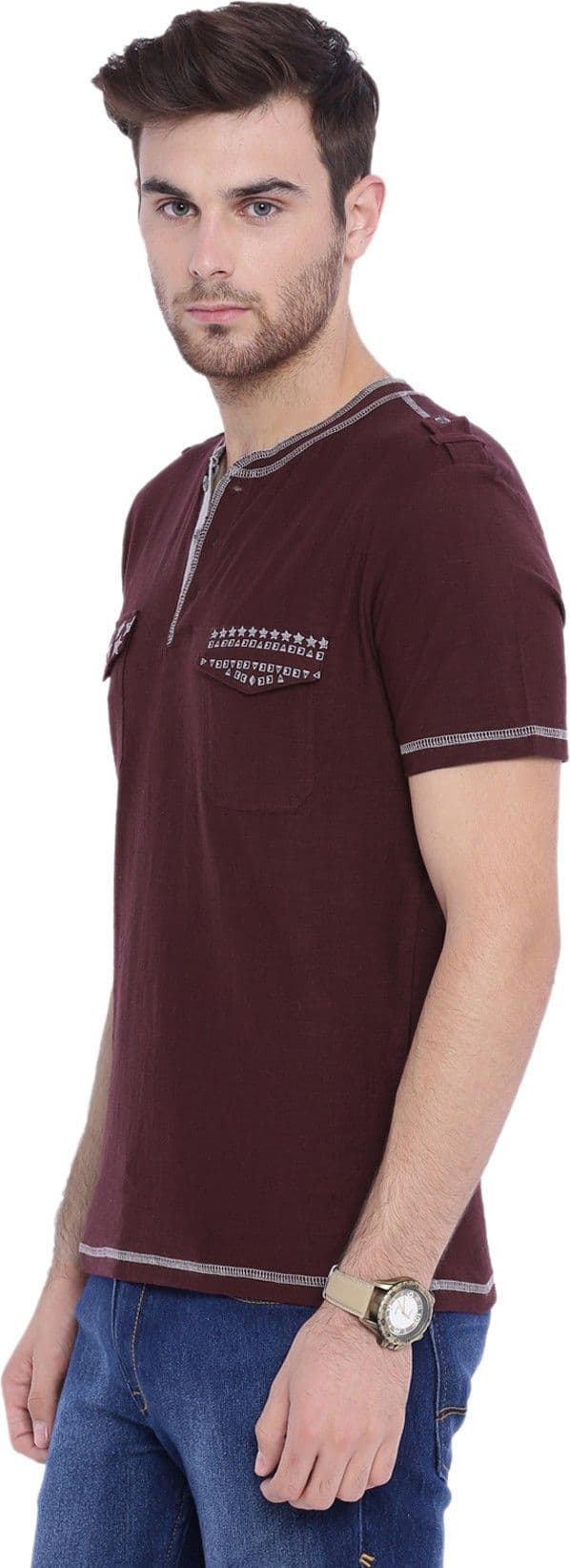 ARISE Self Design, Printed Men's Henley Maroon T-Shirt view 4