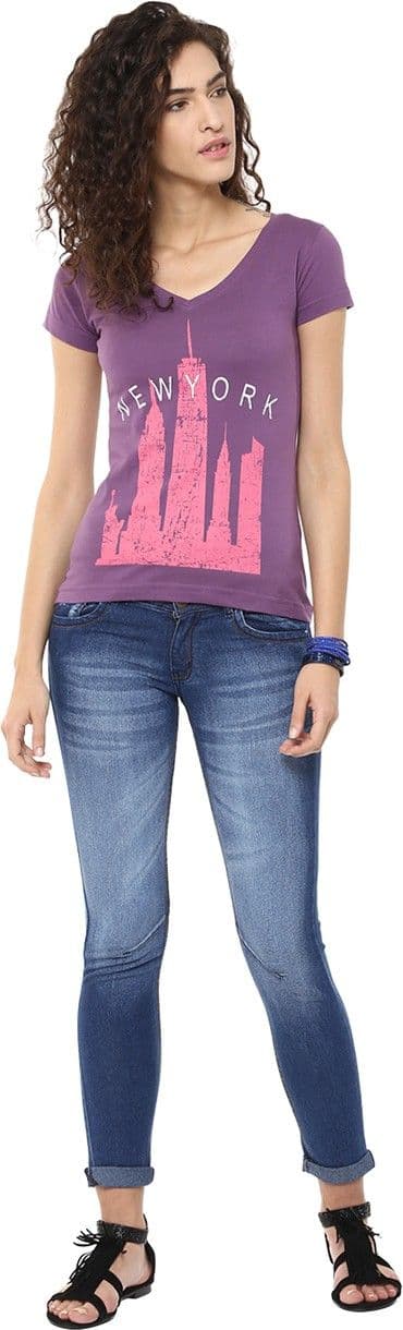 Yepme Graphic Print Women's V-neck Purple T-Shirt view 5