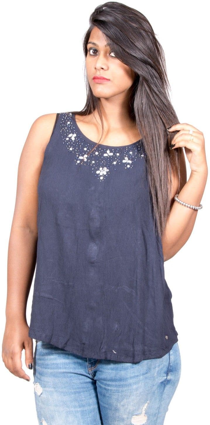 Fabpoppy Casual Sleeveless Solid Women's Blue Top