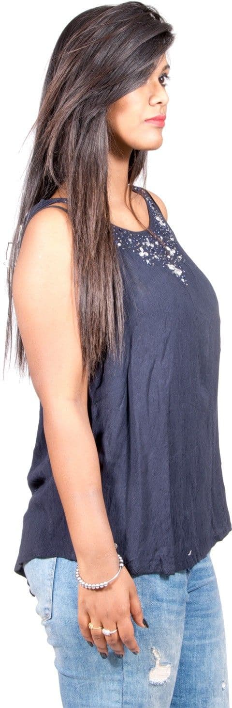 Fabpoppy Casual Sleeveless Solid Women's Blue Top view 3