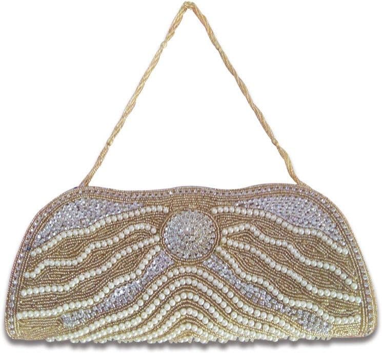 Linzina Wedding, Party, Festive Gold Pearls, Beads, Stone Clutch