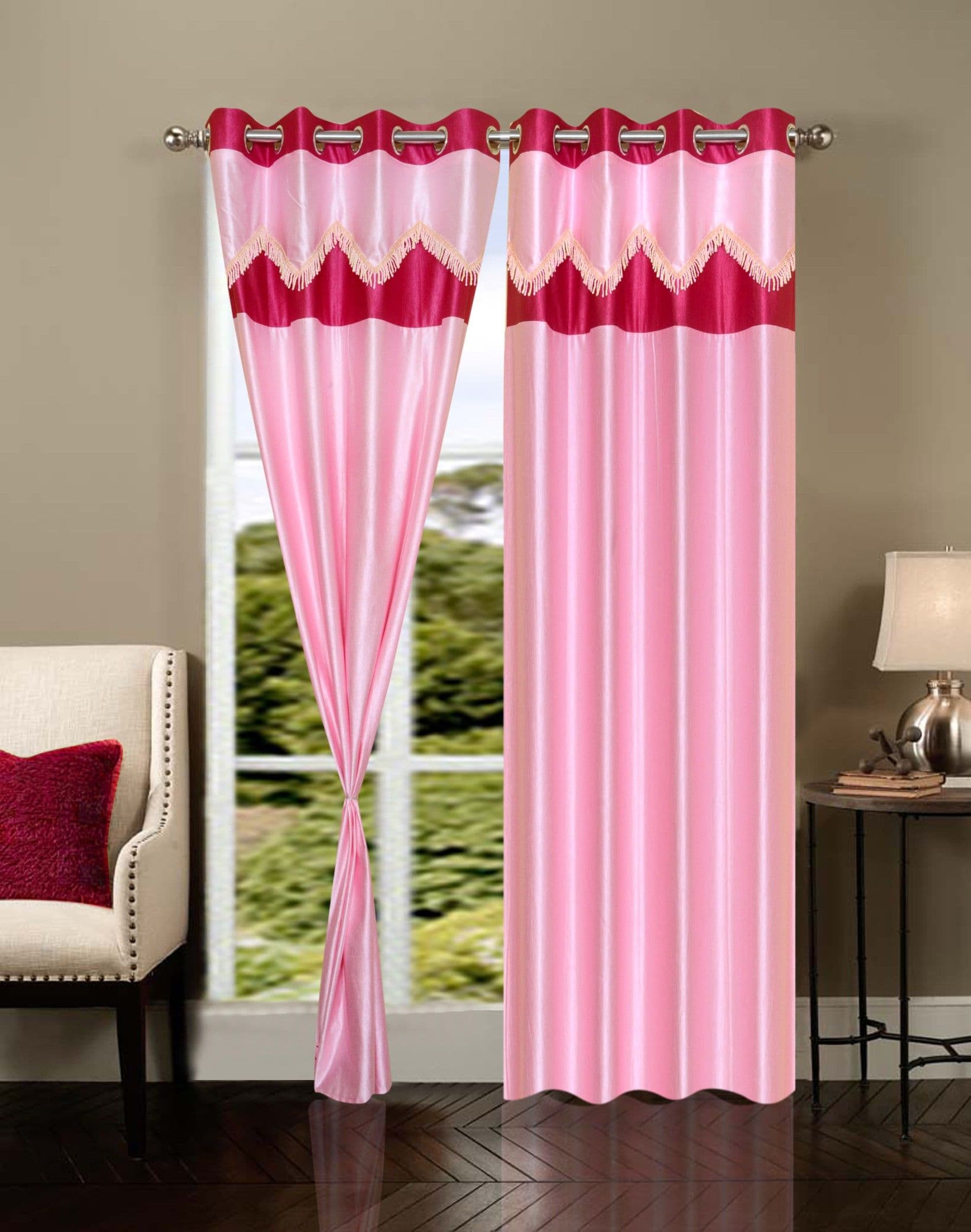 Handloomhub Polyester Pink Self Design Eyelet Door Curtain