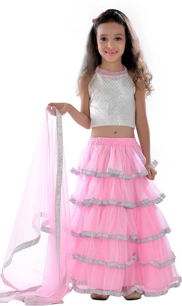 Design Desk Self Design Girl's Lehenga, Choli and Dupatta Set