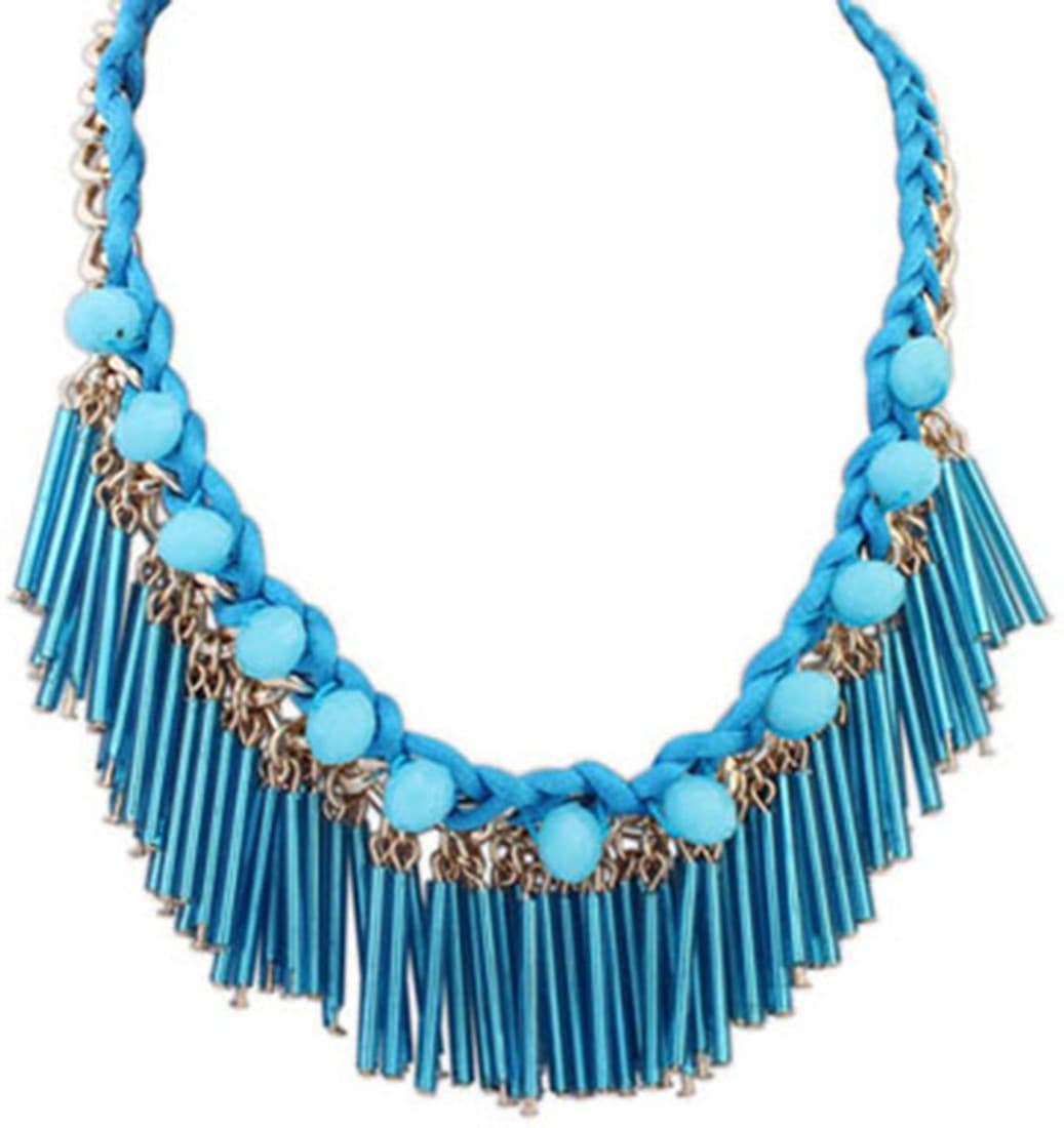 Jewel Touch Boutique Blue Tassel Decorated Weave Design Alloy, Acrylic Necklace