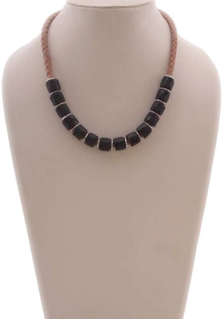 Indian Charm Black Beads Leather, Glass Necklace