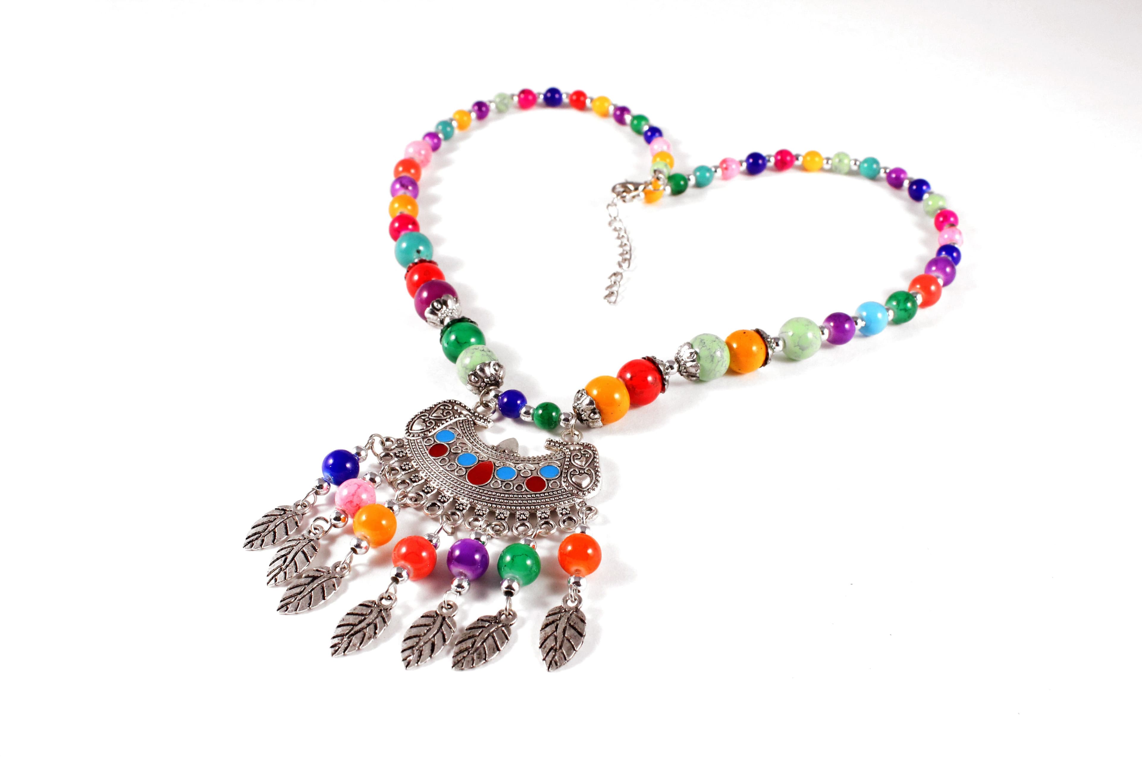 Dhrohar Multi Color Beads Alloy Leaves Silver Plated Alloy Necklace