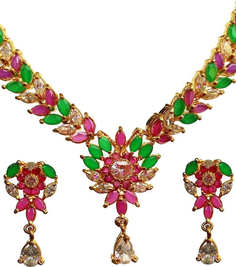 poonamcreation Zircon Rhodium Plated Alloy, Stone Necklace Set