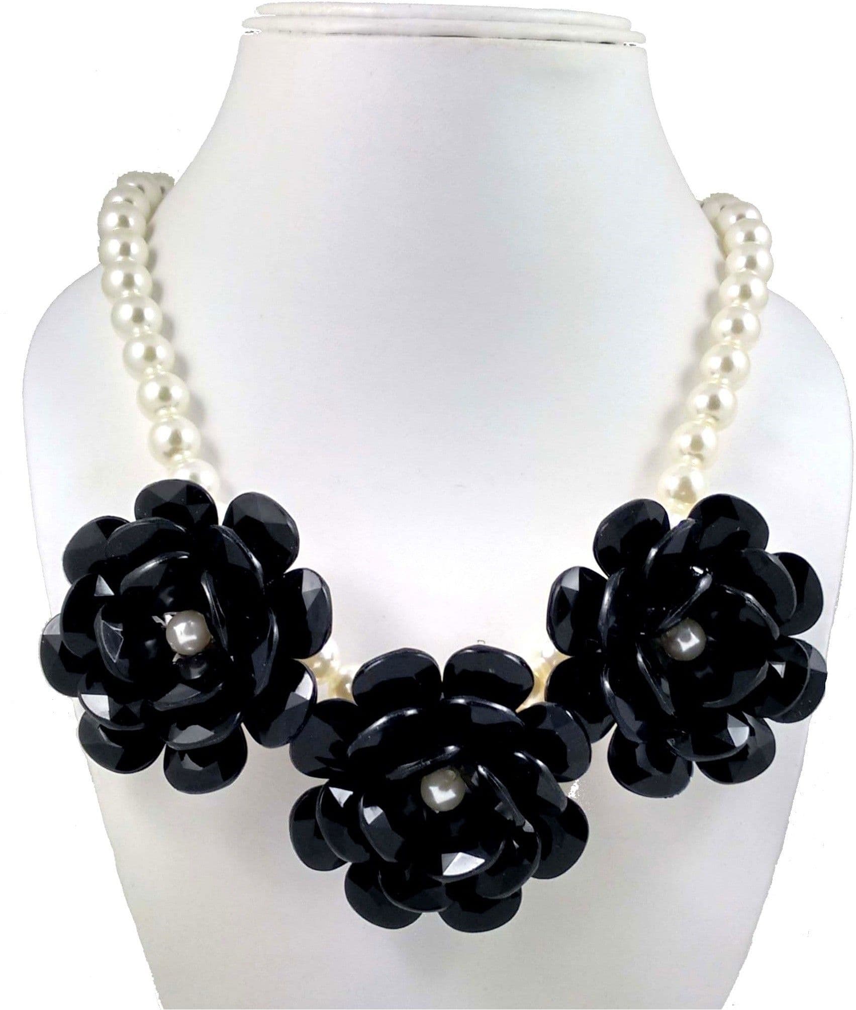 Hotpiper Black Floral Design Pearl Acrylic Necklace