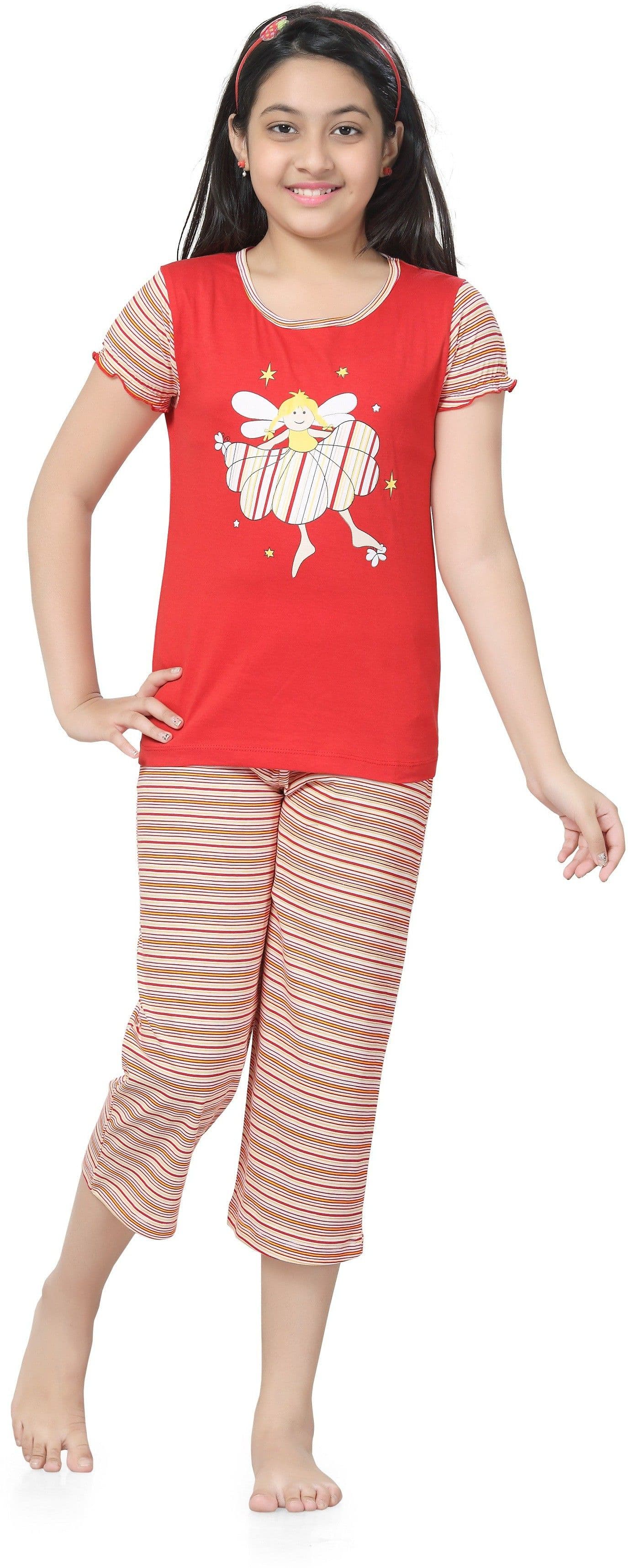 Kombee Girl's Printed Red, Pink Top & Capri Set