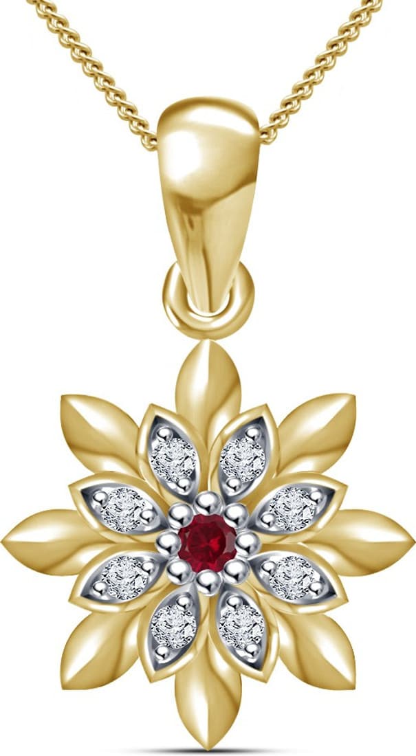 Kirati Flower Design 14K Yellow Gold Garnet, Cubic Zirconia Sterling Silver Pendant