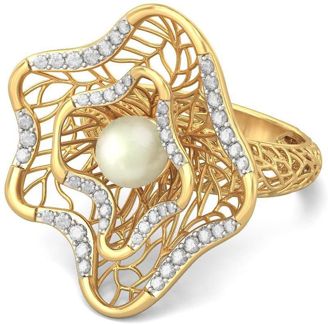 BlueStone Sylvan Lattice Yellow Gold Diamond, Pearl 18 K Ring