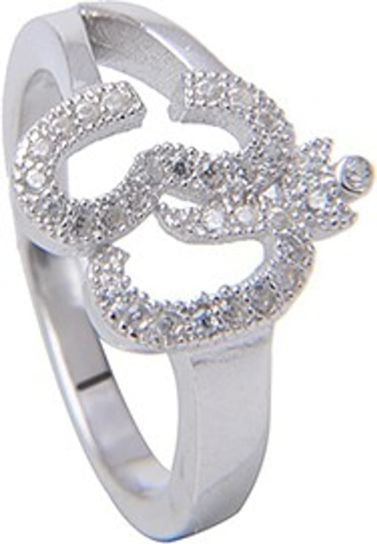 Amantran Jewels Om shaped Silver Zircon Sterling Silver Ring