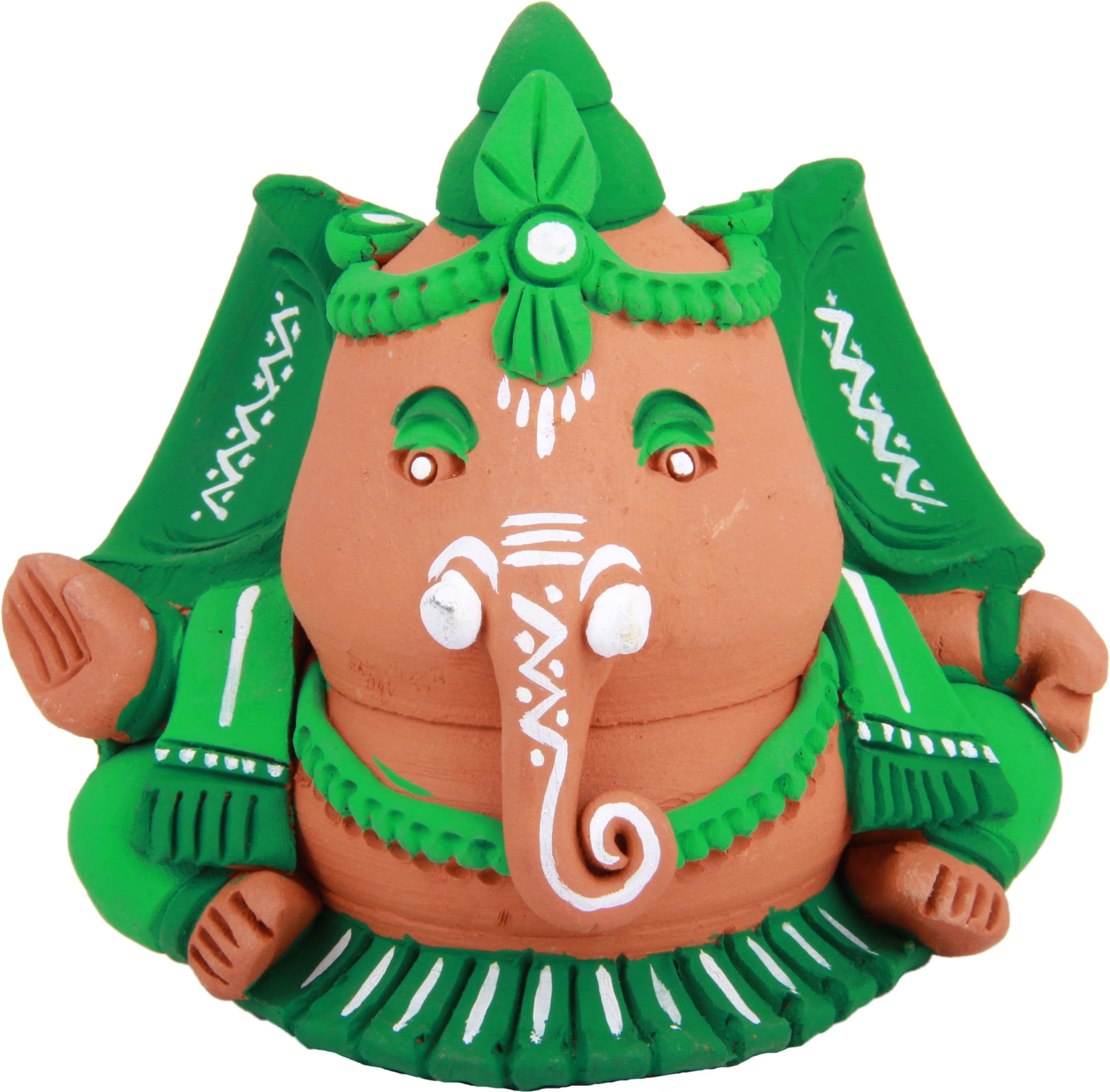 Adaa Terracotta - Bulge Green Ganesha Statue - Green Showpiece - 6 cm