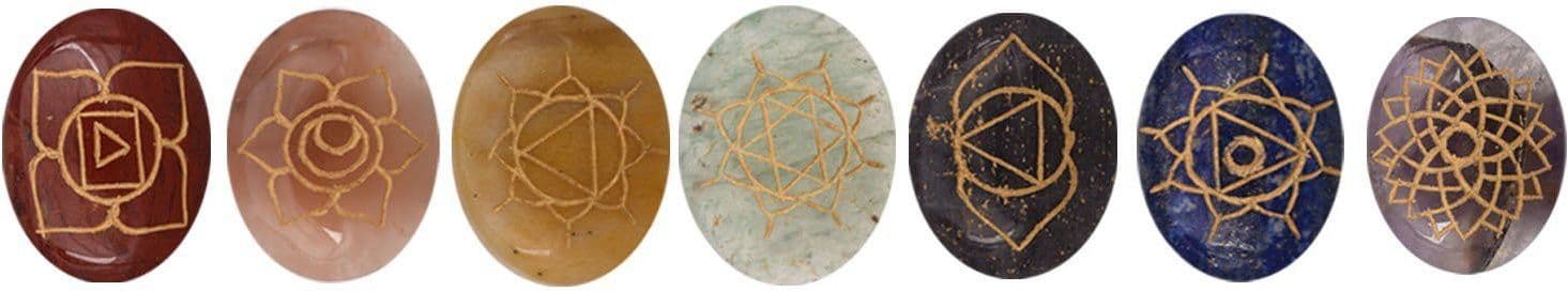 The Crystal Jewel Chakra Cabochons with hand carved Chakra symbols Showpiece - 3 cm