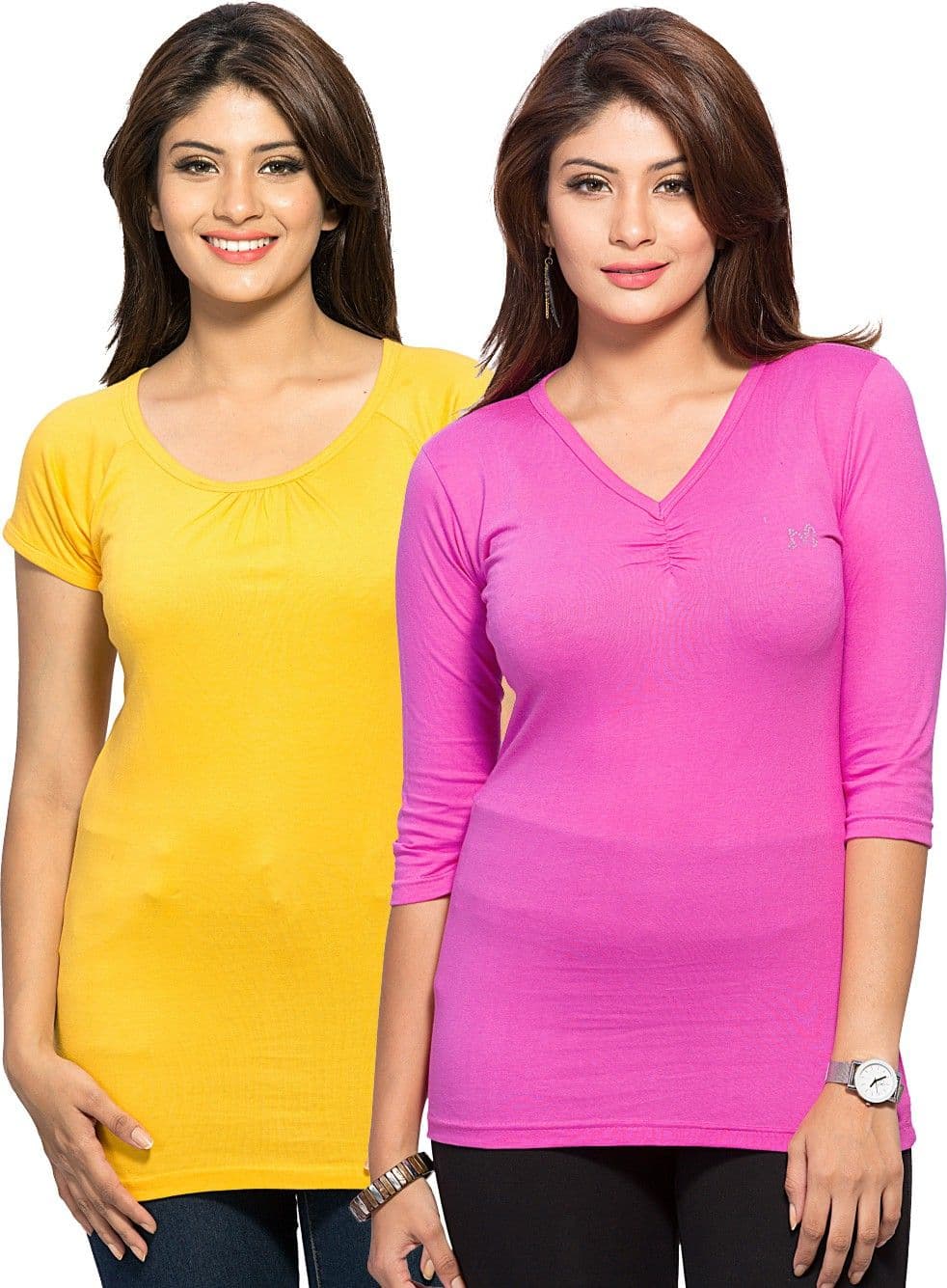 Maniac Solid Women's Round Neck, V-neck Yellow, Pink T-Shirt