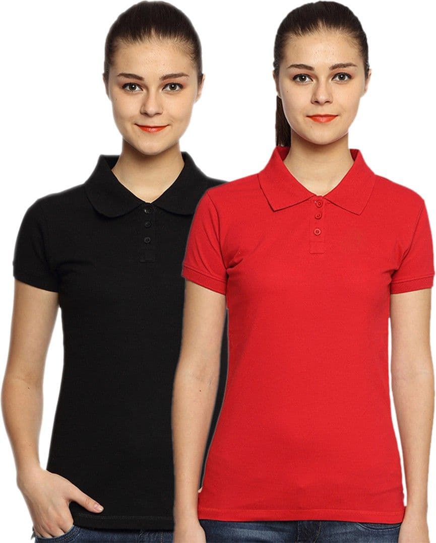 Go India Store Solid Women's Polo Neck Red, Black T-Shirt