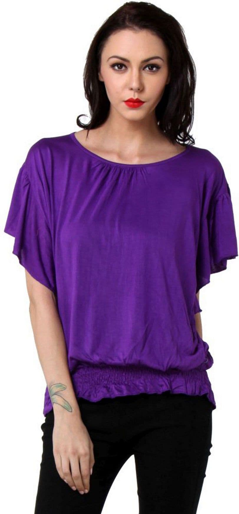 TeeMoods Casual Butterfly Sleeve, Short Sleeve Solid Women's Top