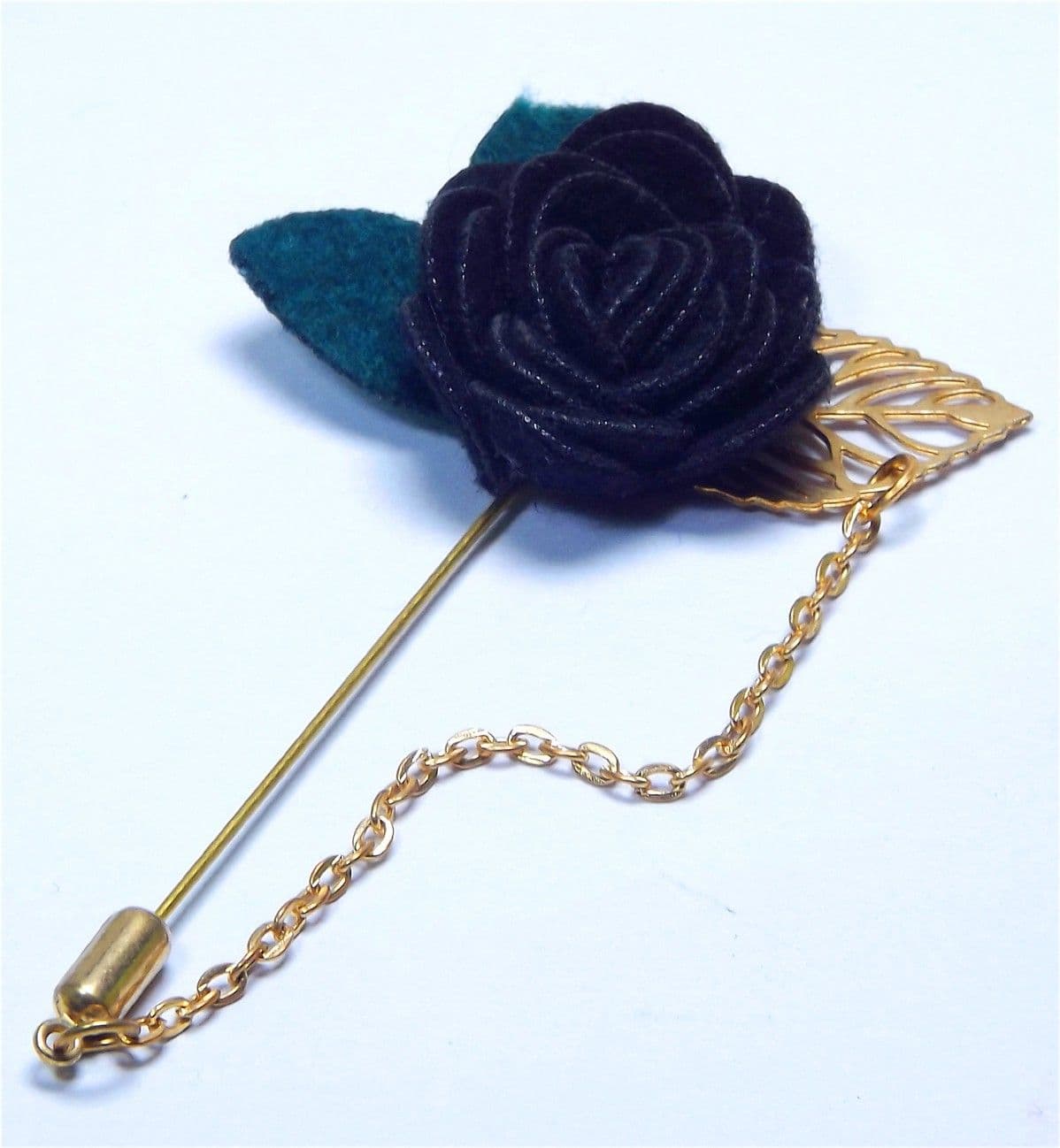 Mentiezi Black Flower with Green Leave Brooch