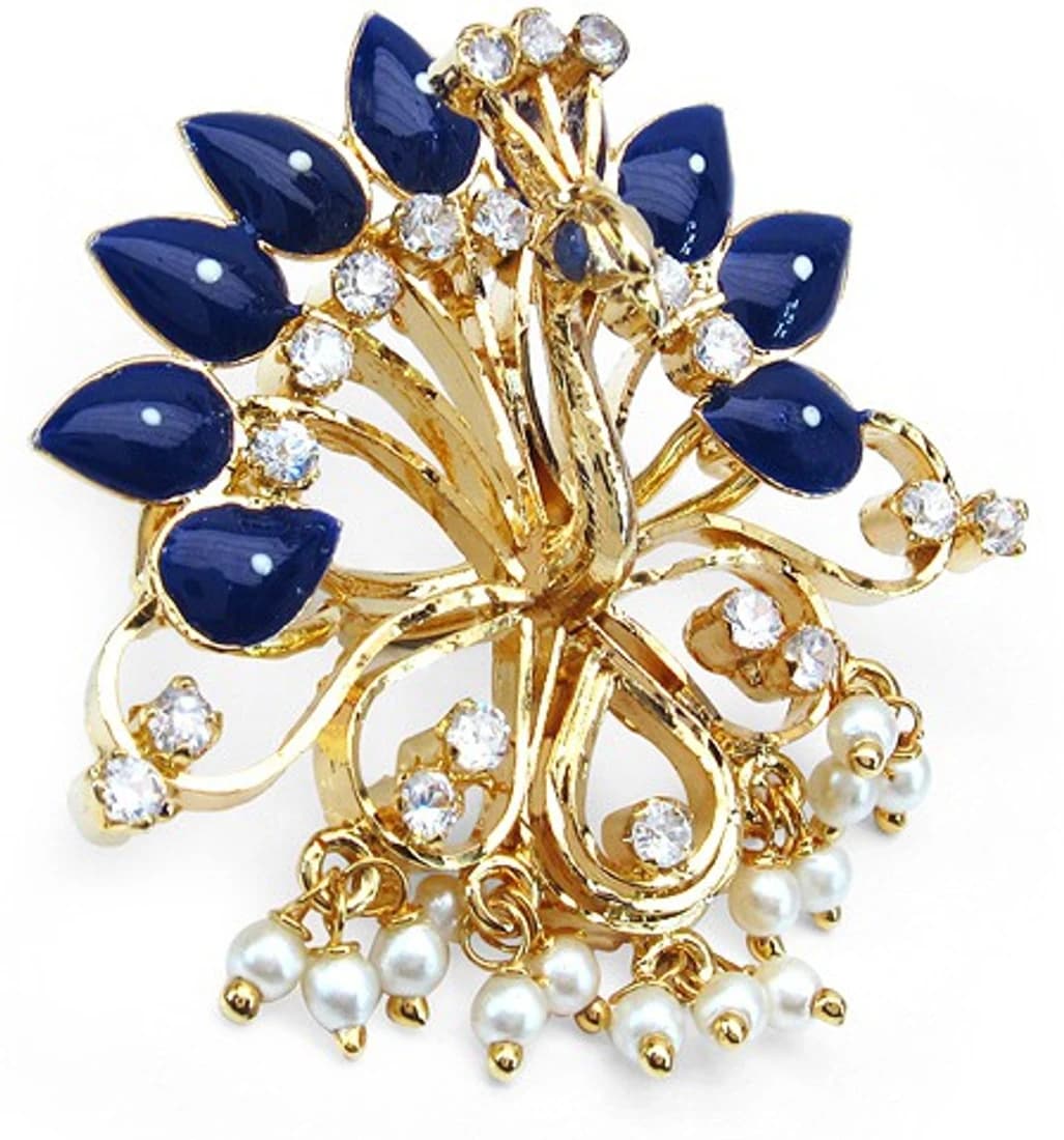 Johareez 9.40 Grams White Cubic Zircon, White Synthetic Pearl & Violet Glass Black & White Enamel Gold Plated Brass Peacock Shape Brooch Brooch