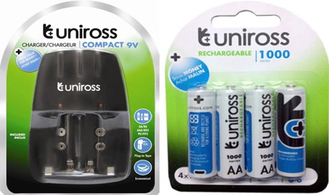 Uniross Compact 9V Battery Charger & 4U AA 1000 Series Rechargeable Battery Camera Battery Charger