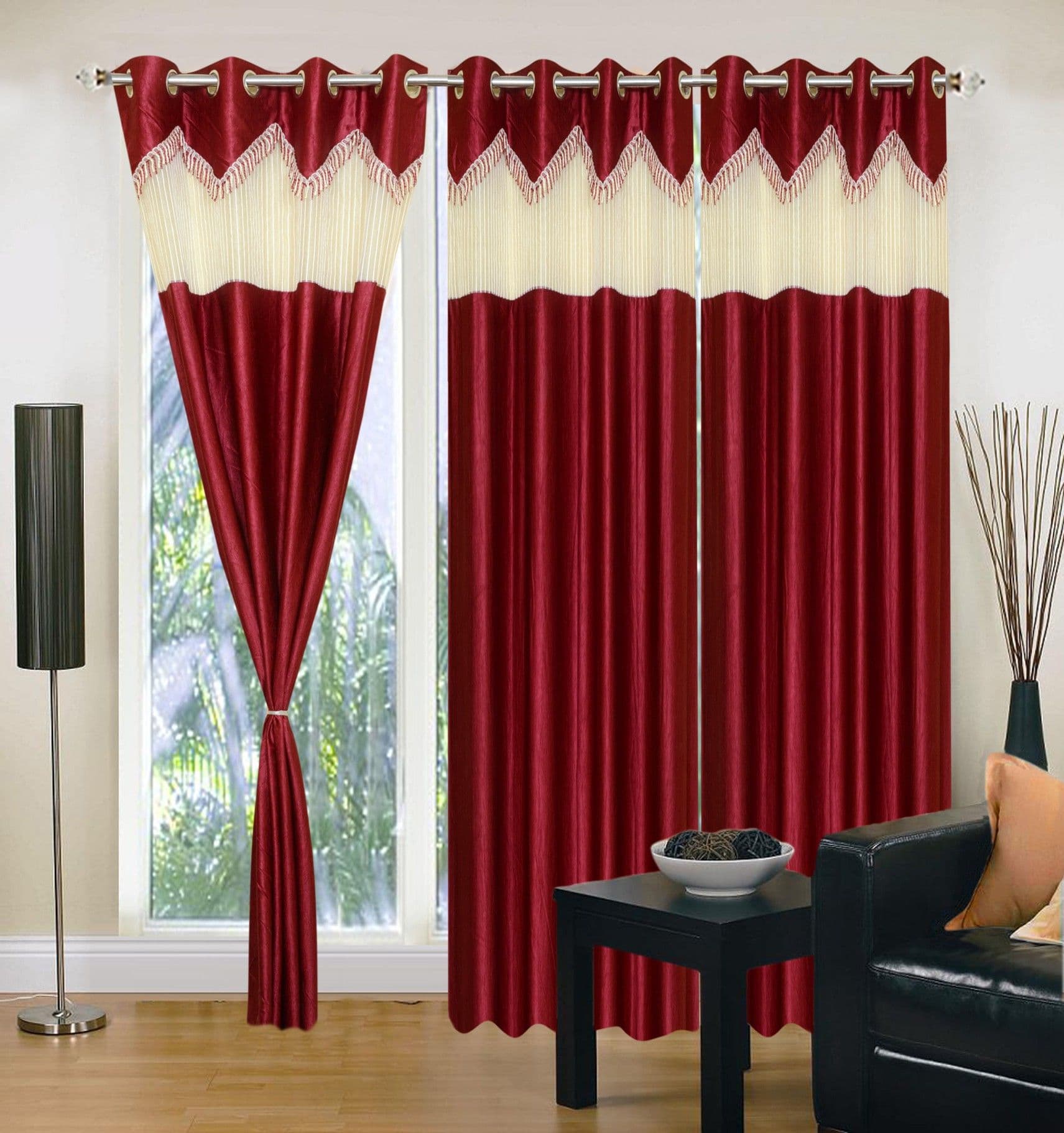 Handloomhub Polyester Maroon Self Design Eyelet Long Door Curtain