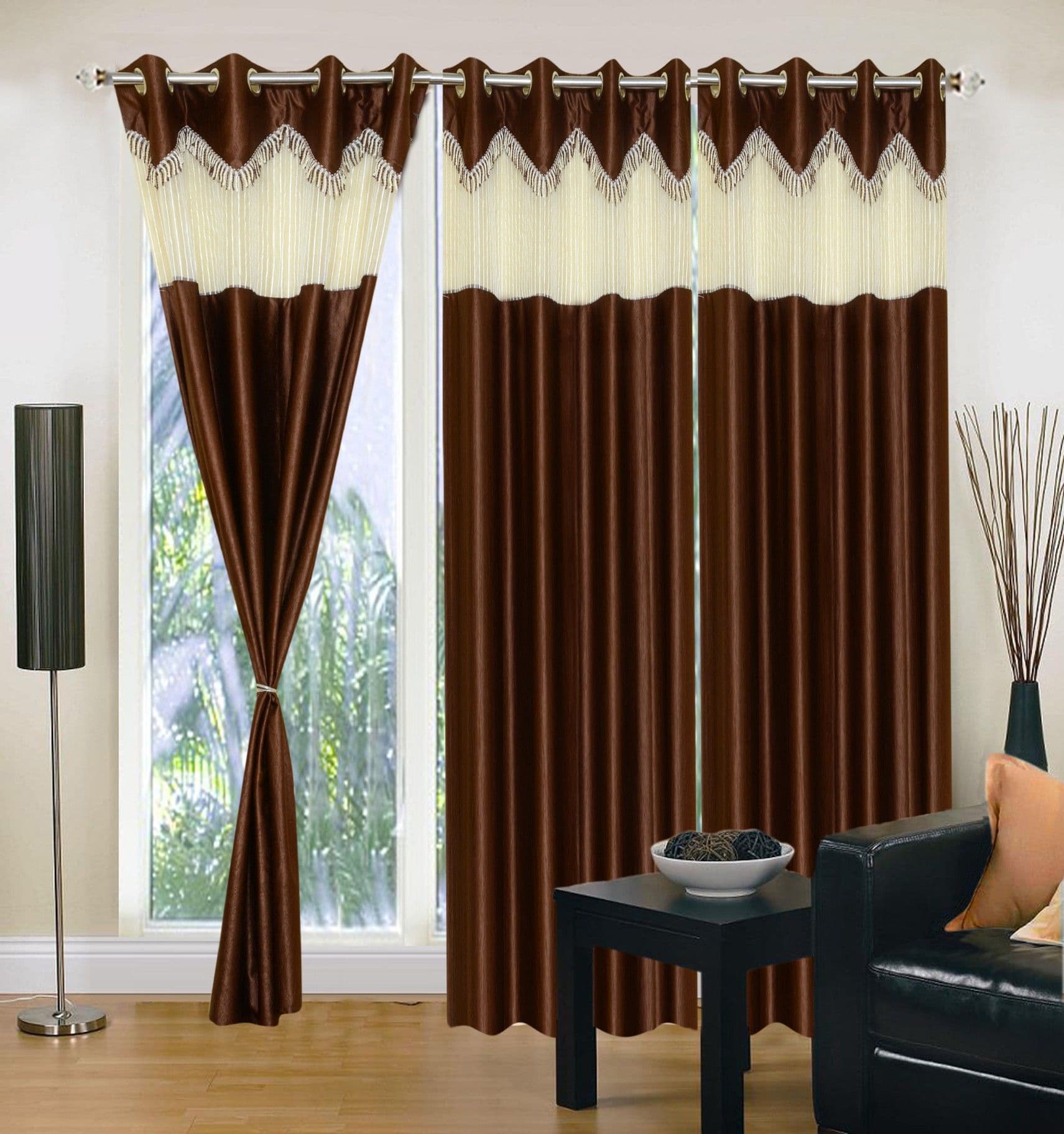 Handloomhub Polyester Brown Self Design Eyelet Long Door Curtain