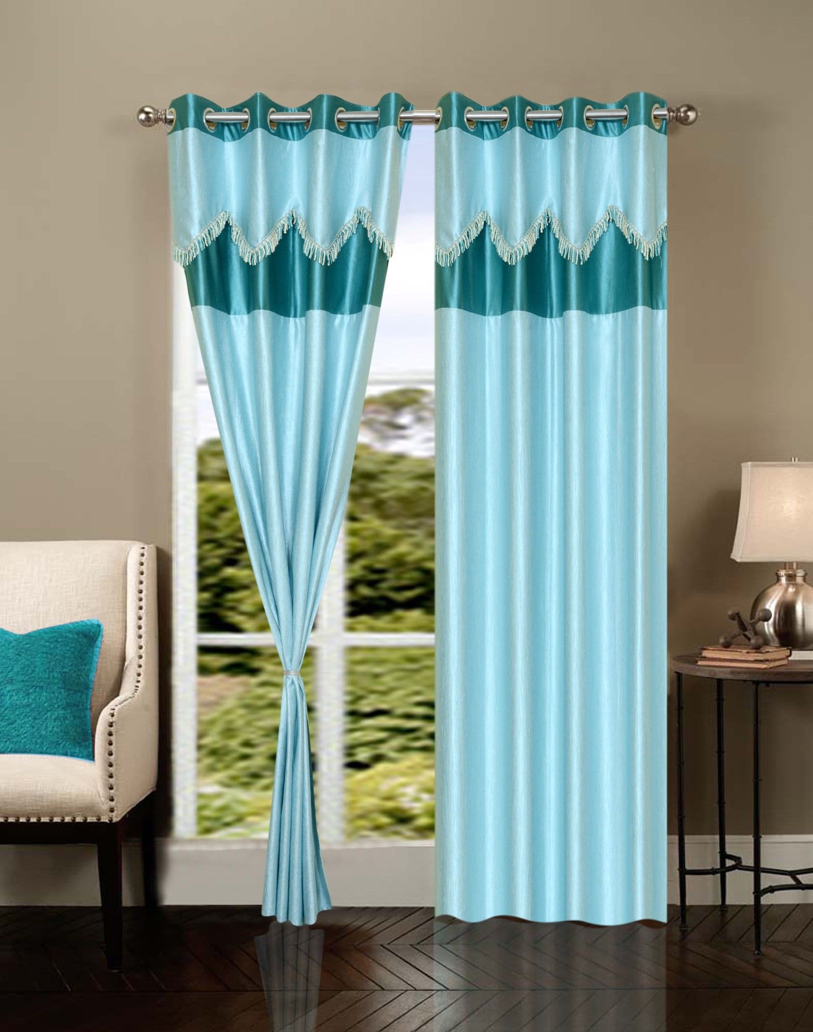 Handloomhub Polyester Light Blue Self Design Eyelet Door Curtain