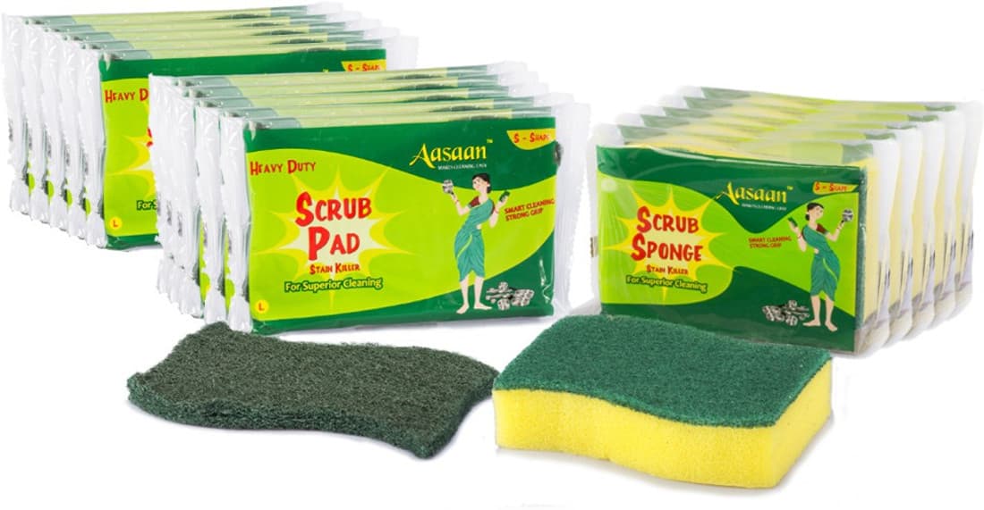 Aasaan Heavy Duty Scrub Pads (L), 10 pcs and Sponge, 5 pcs Home Cleaning Set