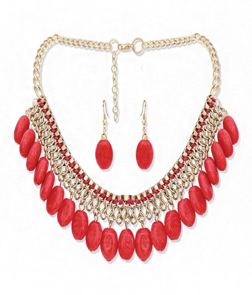 X Gold India Red Beads Jhaler Metal Jewel Set