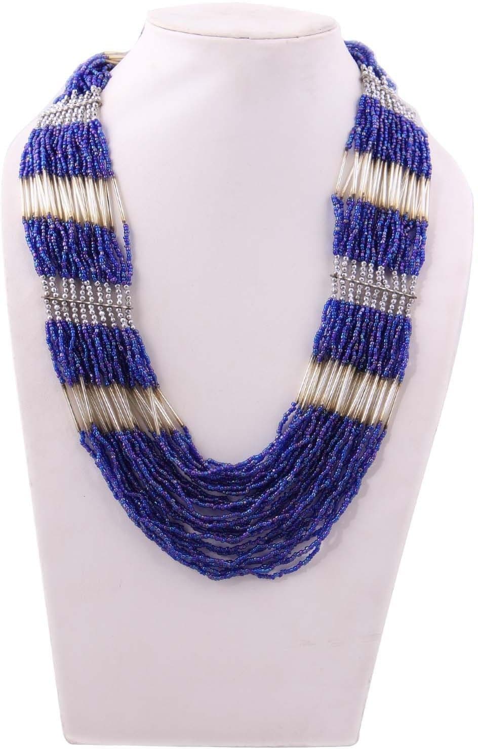 Indian Charm Blue Silver Poth Salli Beads Glass Necklace