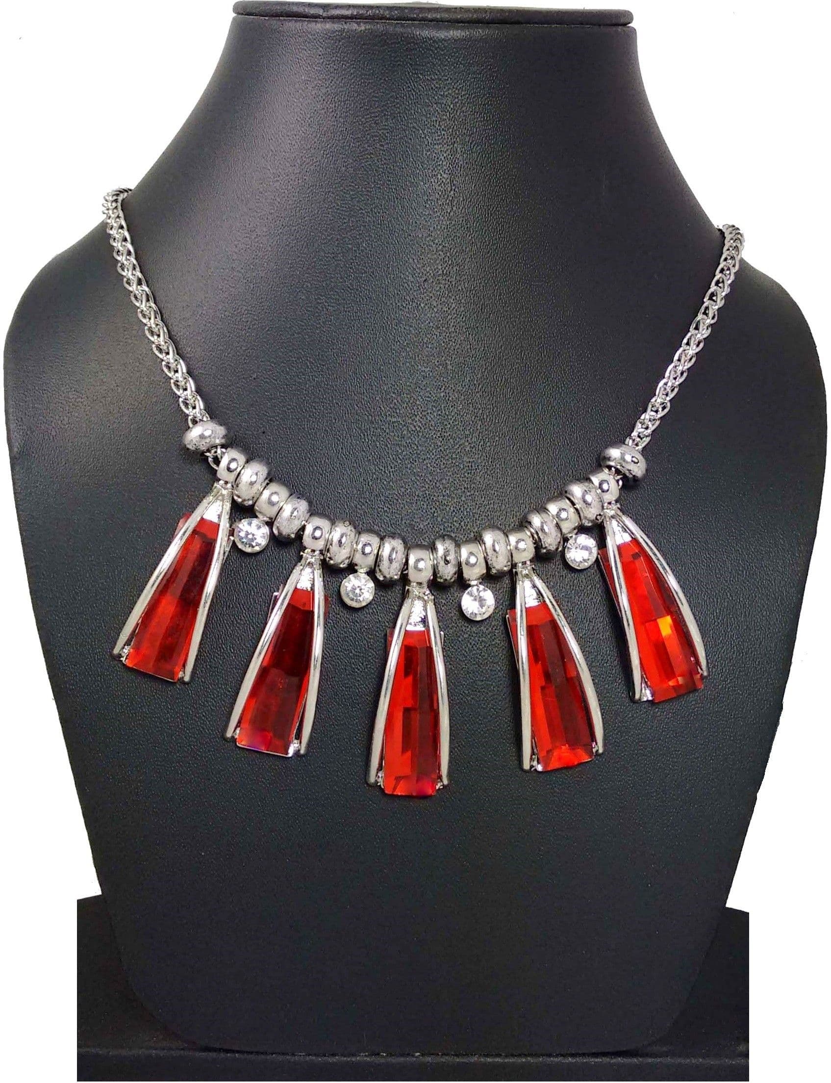 Hotpiper Designer Red Cubic Zirconia, Crystal Rhodium Plated Acrylic Necklace