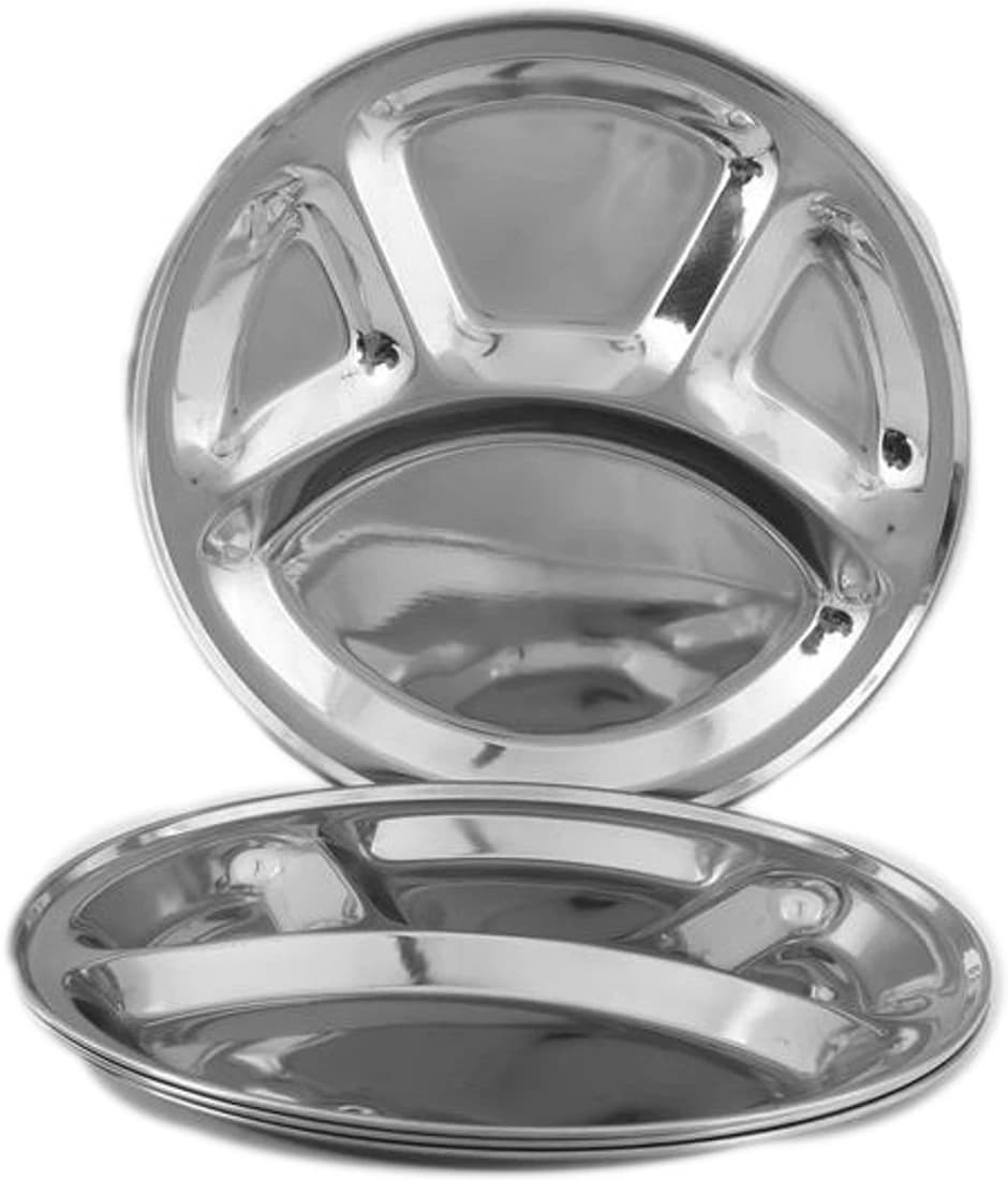 King Traders Tulsi Stainless Steel Four Compartment Round Plate / Thali/ Mess Tray/ Dinner Plate Set of 2 pcs- 33.5 cm each Hammered Stainless Steel Plate